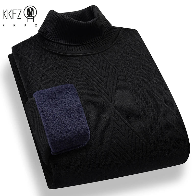Stretch Turtleneck Male Knitted Pullover Embossed Twist Rhombus Pattern Fleece Lined Cold Proof Casual Long Sleeve Top