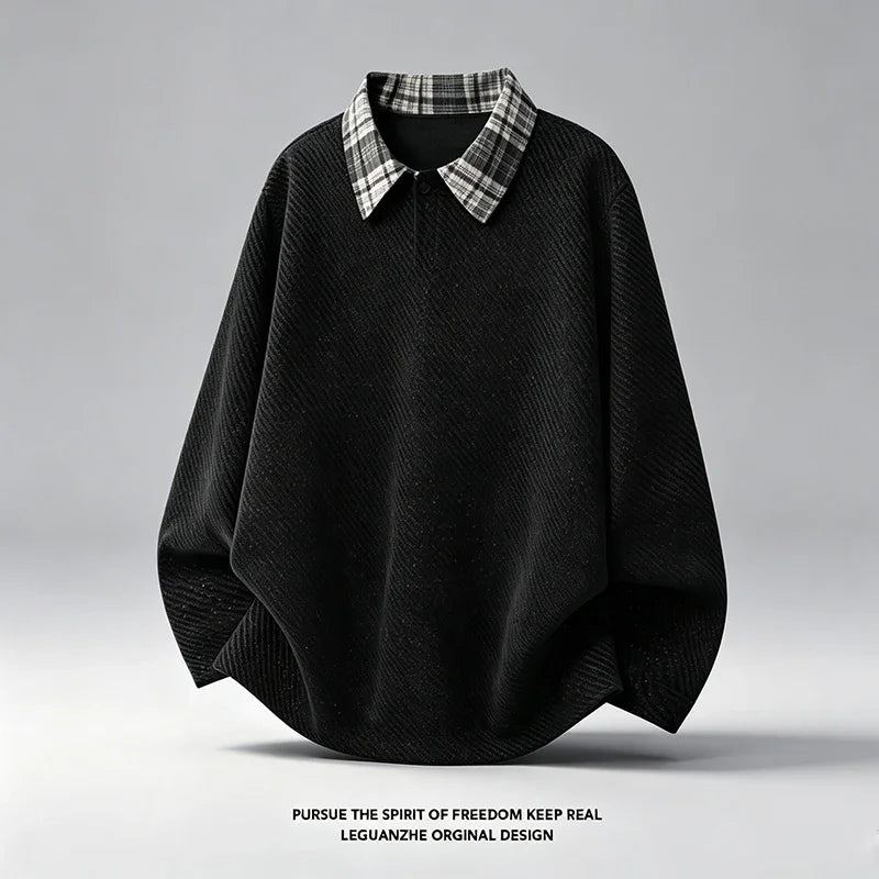 Autumn Mens Loose V Neck Corduroy Top Long Sleeve Plaid Contrast Collar Textured Material Casual Garment