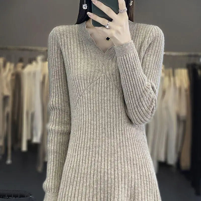 Knitwear Woman Clothes New Elegant Long Sweater Dress Slim V Neck Pullover Jumper Spring Autumn Woolen Dresses Female Bottom