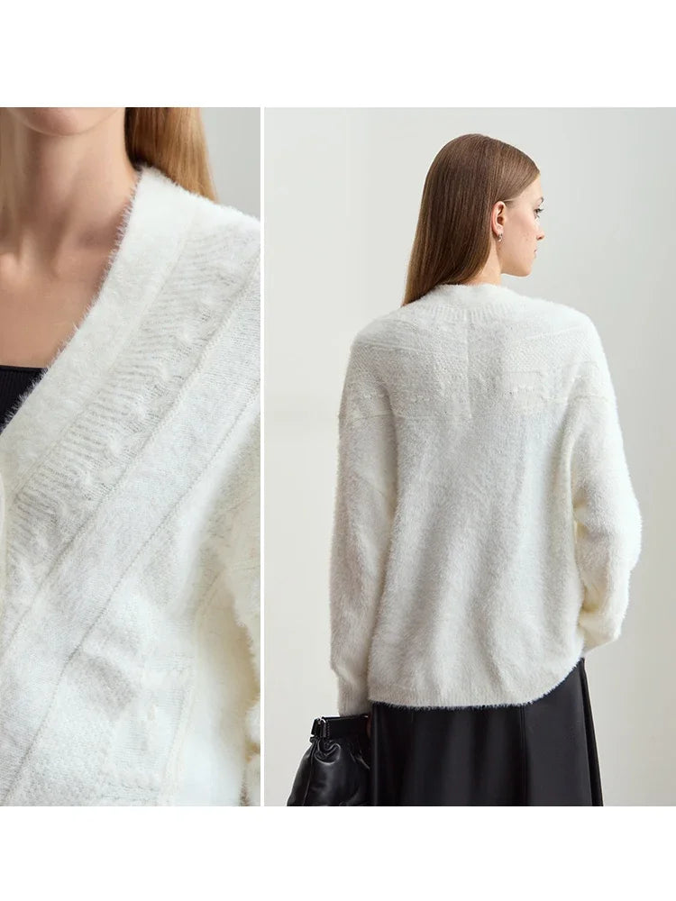 Amii Minimalist V-Neck Solid Button Wool Cardigan Long Sleeve 2026 Winter New Women's Imitation Mink Loose Casual Top 12424116