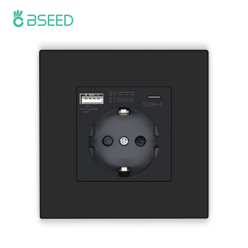 BSEED EU Standard Wall Socket Single Power Outlets USB Type-C Port 20W Fast Charge Plastic Panel Triple Electric Plugs 16A