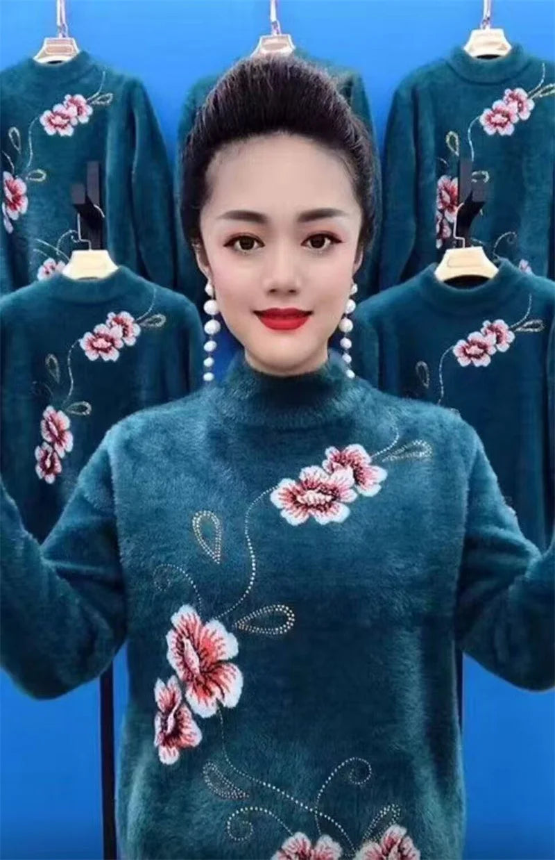 Printed New Knit Cashmere Sweater For Woman Pull Jumper Turtleneck Warm Mother Pullover Top Thicken Knitting Women's Clothing