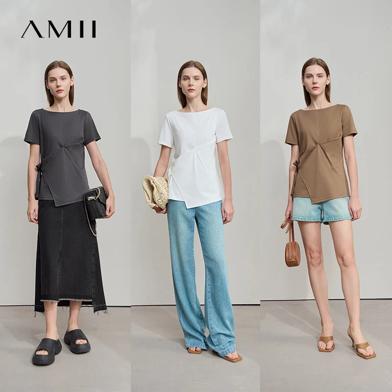 AMII Women Casual Summer T-shirt 2026 New Short Sleeve Slash Neck Tie-up Piece Pleated Cotton Tee Woman Slim Top 12552035