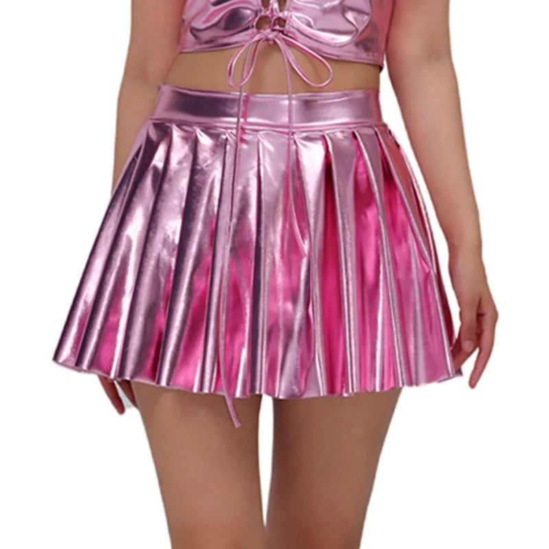 Women's Shimmering Patent Leather Pleated Skirt, High-Waisted A-Line Mini Skirts for Nightclubs, Stage/Club Performance Outfit