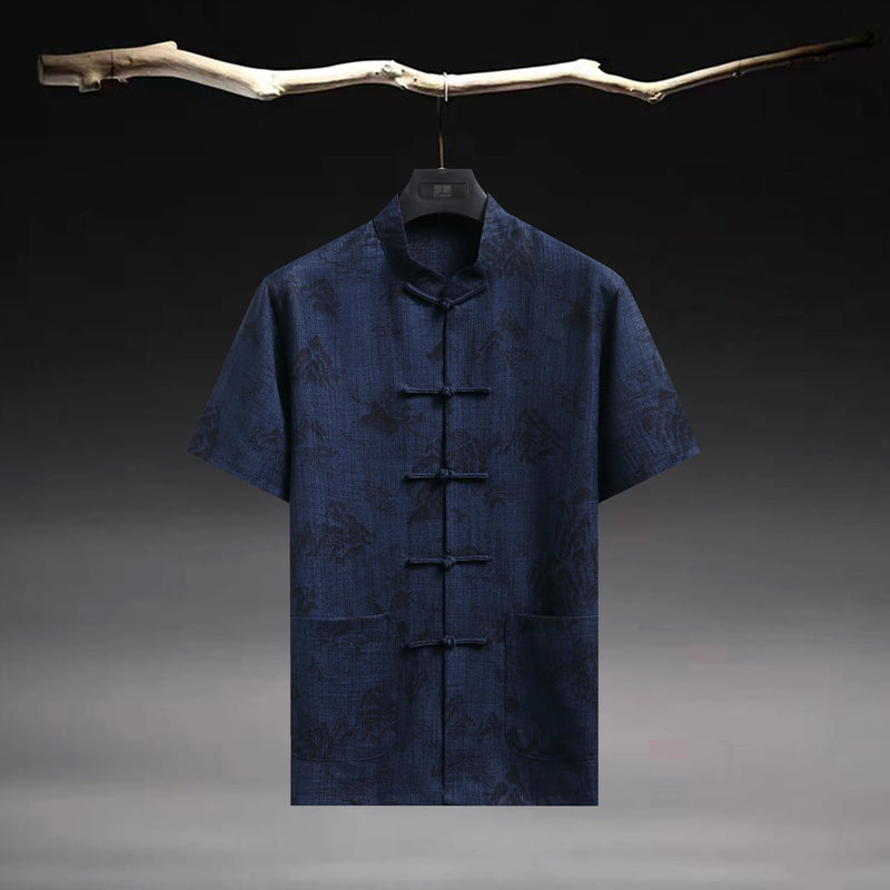 Chinese-style Men's Beige Short-sleeve Jacquard Shirt; Summer Blue Single-breasted Stand-collar Shirts.