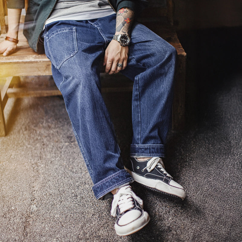 ខោខូវប៊យ Maden 15oz កប្បាស Slub Denim ខោបុរស Vintage ពណ៌ខៀវ ខោត្រង់ មានហោប៉ៅ សម្រាប់បុរស រដូវស្លឹកឈើជ្រុះ រដូវរងា