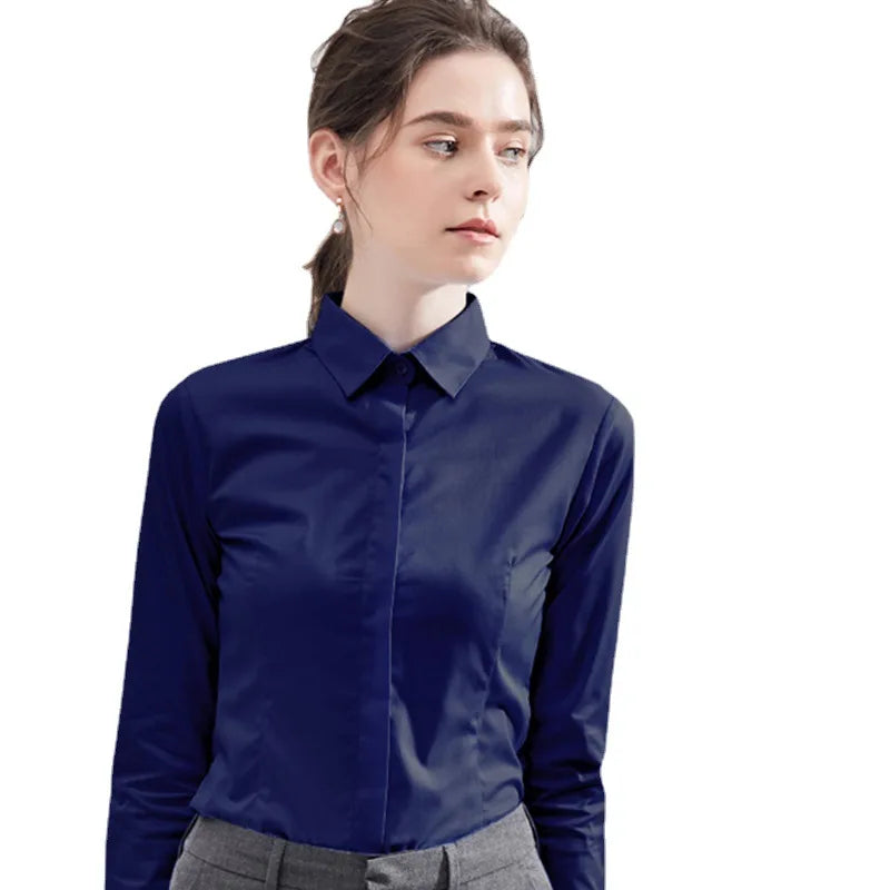Women's White Collared Long-Sleeved Shirt, Solid Color Business/Office Non-Iron Wrinkle-Resistant Shirts. Black, Gray, Blue Tops