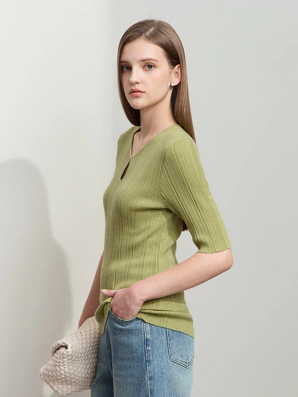 Amii 2026 Autumn Minimalist Elegant Water Drop Collar Medium Sleeve Wool Knitted Sweater Irregular Pit Strip Slim Top 12541100