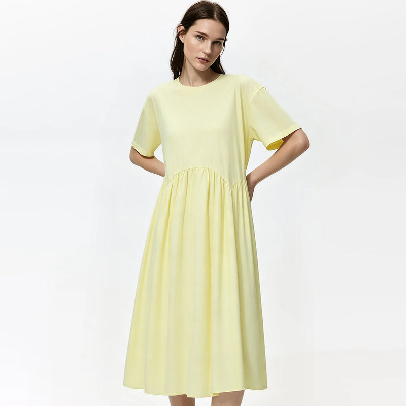 Amii 100% Cotton Midi Dress 2026 Summer New Round Neck Drop Shoulder Short Sleeve Simple Office Casual Dress For Women 12642119