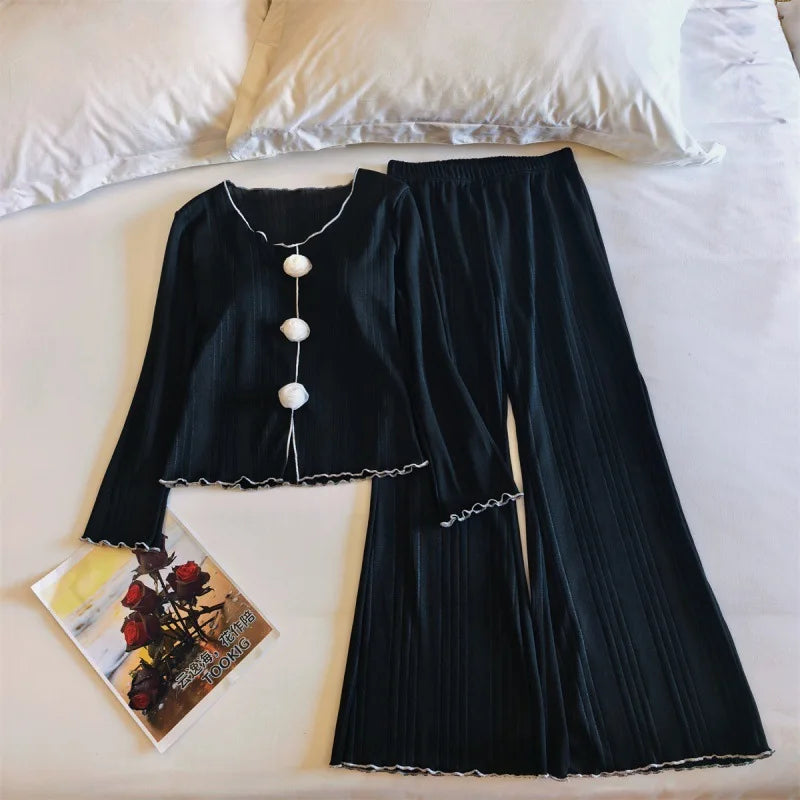 Spring Autumn Woman Pajamas New Breast Pad Long Sleeve Tops Trousers Sets Cotton Women's Home Clothes Soft Sleepwear Pijama