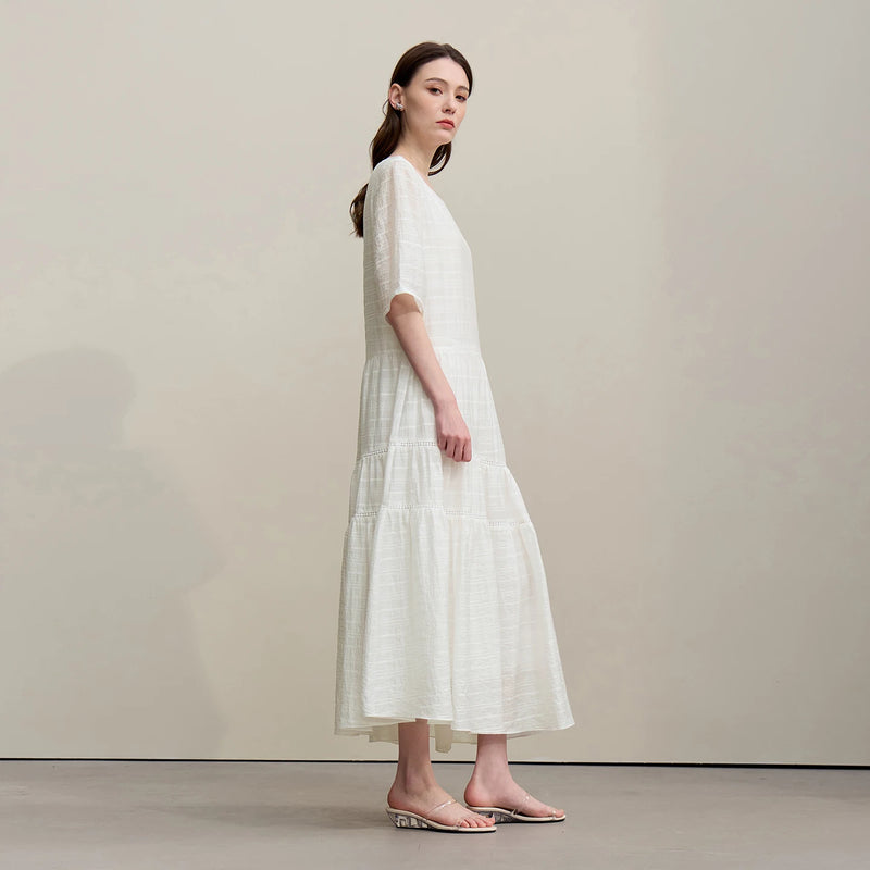 Amii Long Dresses 2026 Summer New Round Neck Mid Sleeve Tiered Skirt Casual Loose Fit Asymmetric Hem Dress For Women 12642118