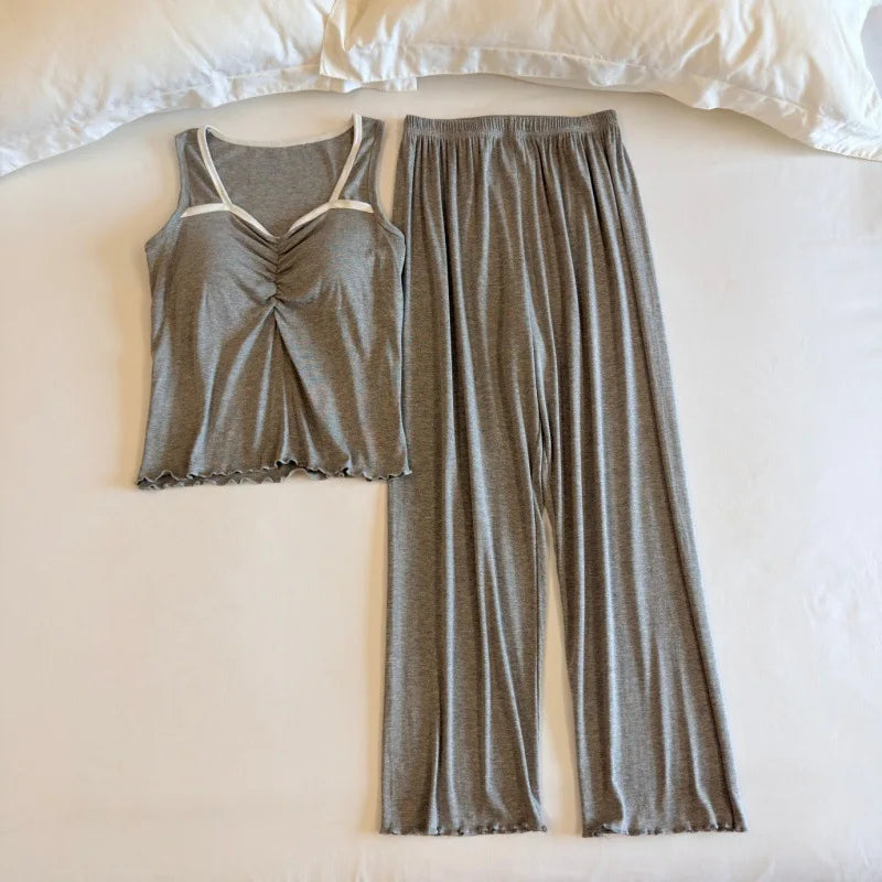 Sleeveless Nightwear Women Pajama Women's Home Clothes Chest Pad Homewear 2 Pieces Sleepwear for Summer Suit Long Pants Pijama