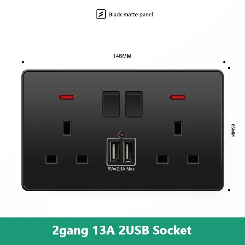 Universal 18W Fast Type C Wall 220V Power Outlet Plug, UK Black 13A Socket Switch, Electrical Wall Socket Panel with USB Charger