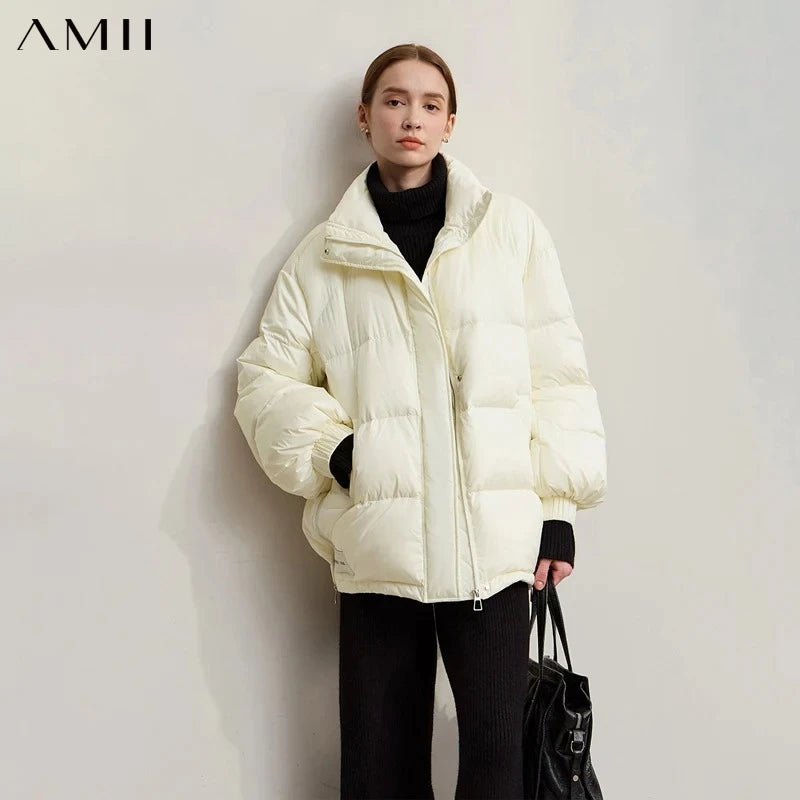 Amii Down Coats 2026 Winter New Warm Turtleneck Shoulder Sleeves Loose Top Solid Versatile Long Down Coats For Woman 12544132