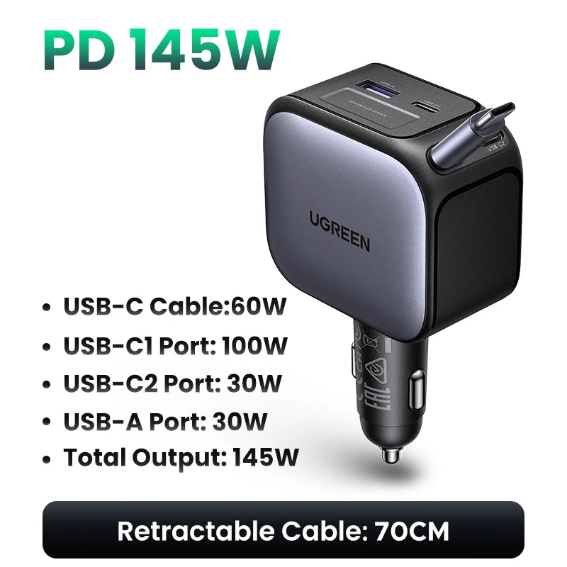 UGREEN 145W 90W 60W Car Charger 3 USB-C & 1 USB-A Ports PD QC4.0 Fast Charging with Retractable Cable for iPhone 18 Pro MacBook