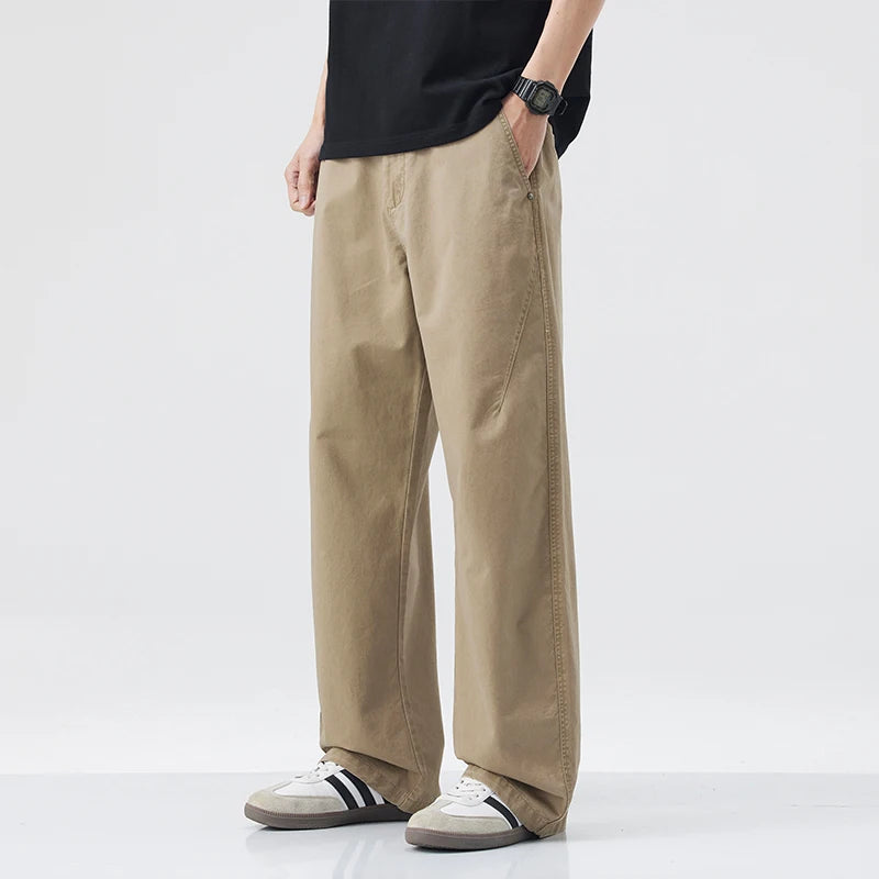 DUKEEN 100% Cotton Men's Casual Long Pants Summer Relaxed Straight Fit Wrinkle-Resistant Non-Iron Basic Khaki Chinos