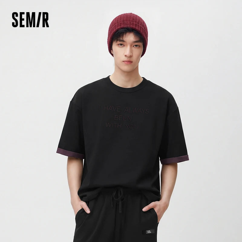 Semir Men Tshirt Minimalist Letter Embroidered Knit Color Block Reversible Loose Crew Neck 2026 Summer Top
