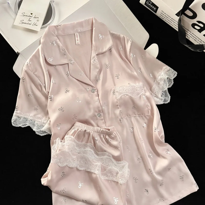 2 Piece Pajamas Set for Women Summer Chest Pads Loungewear Elegant Short Sleeve Button Lapel Collar Top New Women's Sleepwear