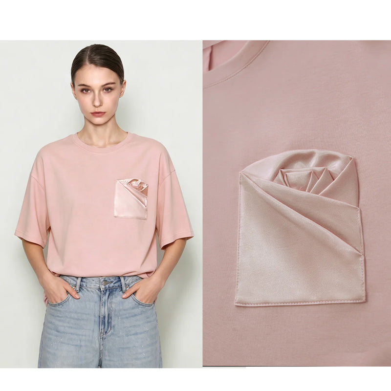 Amii Women's T-Shirt 2026 Summer New Oversized Cotton Short Sleeve Tops Side Slit Mid Length Patch Pocket Tee Shirt 12642037