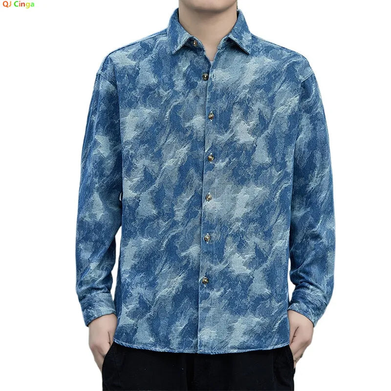 2026 Men's Blue Denim Long Sleeve Shirt,Black Single Breasted Lapel Plaid Shirts, Fashion Casual Loose Top