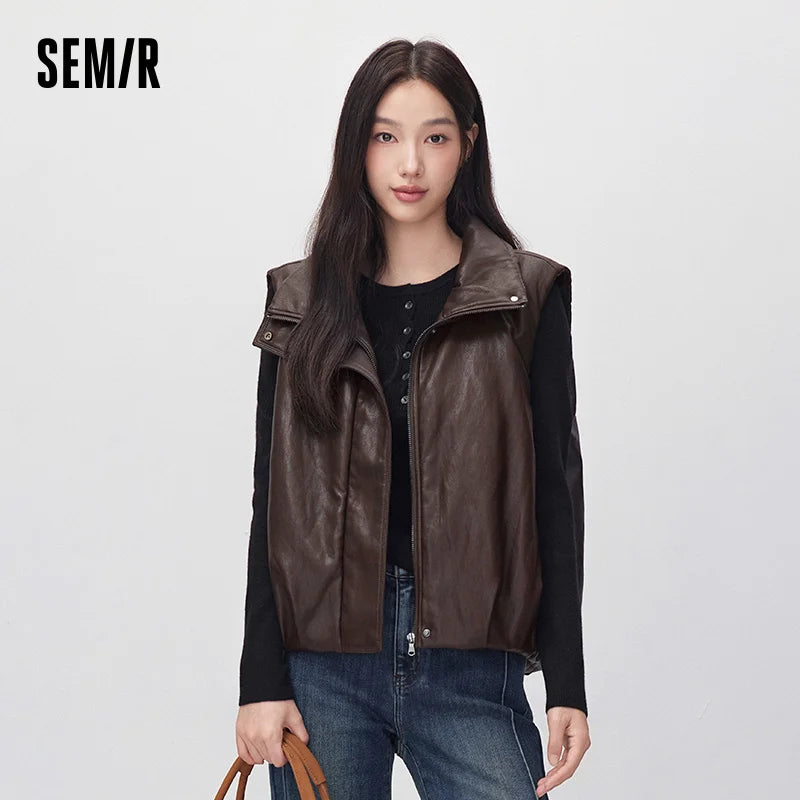 Semir Women Padded Vest Faux Leather Stand Collar Loose Fit Balloon Shape Street Style 2026 New Winter Daily Wear