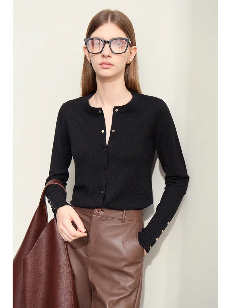 អាវយឺត Amii Minimalism រដូវស្លឹកឈើជ្រុះឆ្នាំ ២០២៥ អាវក្រៅរោមចៀមថ្មីសម្រាប់ស្ត្រី កមូល ដៃអាវប៊ូតុងចុះធ្វើពីលោហៈ រចនាប័ទ្មបារាំង អាវយឺតការិយាល័យនារី 12443193