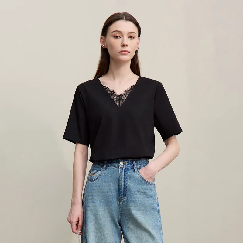 Amii Women's T-Shirt 2026 Summer New Lace V Neck Cutout Back Cotton Tee Stretch Short Sleeve Loose Women's Tee Shirt 12622096