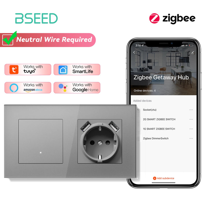 BSEED 1/2/3/4Gang Zigbee Smart Click Button Switch With EU Socket Glass Panel White LED Indicator Tuya Smart Life Alexa Control