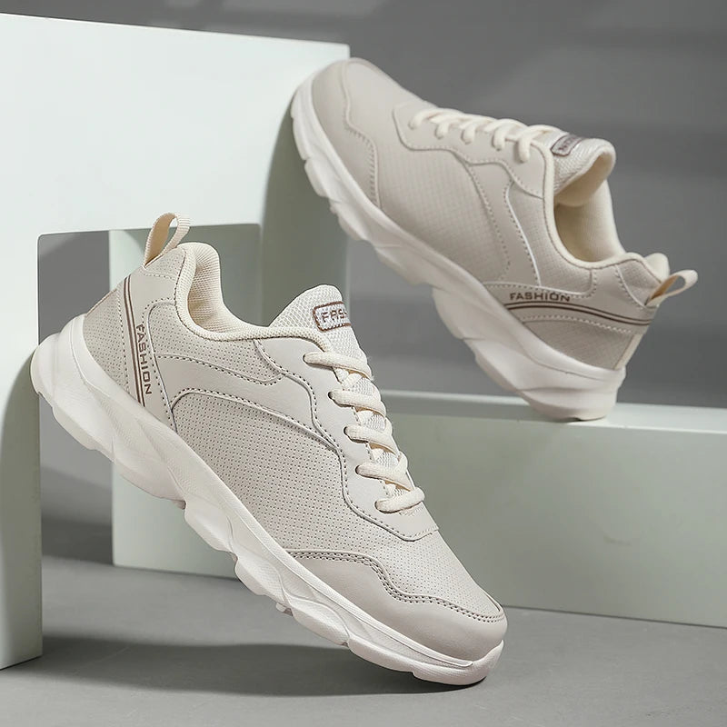 Womens Running Shoes New Leather Lightweight Fashion Casual Lace-up Sneakers Flat Comfortable Tennis Shoes for Women