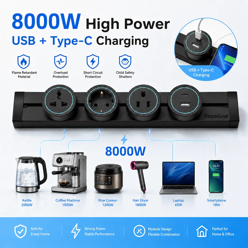 Wall Power Track Socket EU UK FR Korea Standard Home Kitchen Bathroom Office Wall Electric Sockets Plugs Adapters White Black