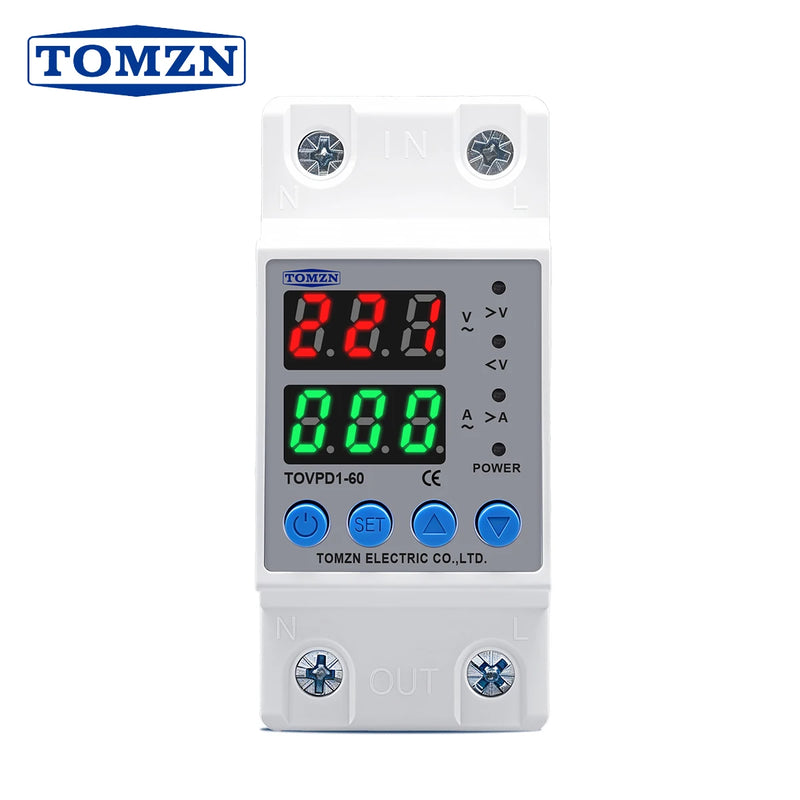 Din Rail Dual Display Adjustable Over Voltage Current and Under Voltage Protective Device Protector Relay 40A 63A 220V 230V