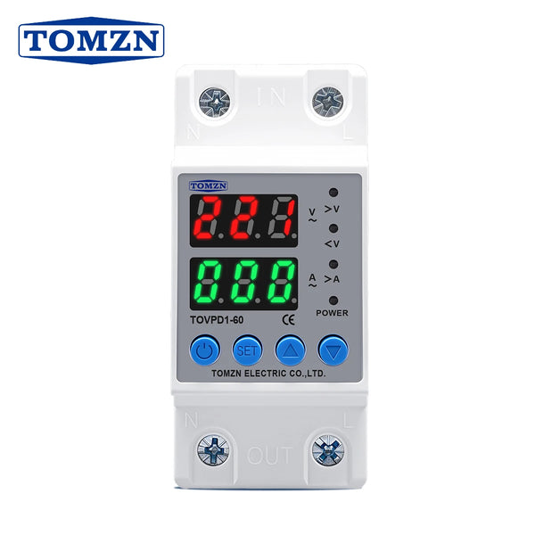 TOMZN Din Rail 230V Adjustable Over and Under Voltage Protective Device Protector Relay Monitor Current Limit TOMZN 63A