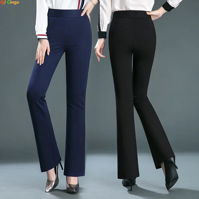 Women's Black Elastic Waist Pants, Fashion Slim Flare Pant, Khaki Camel Trousers, Navy Blue Pantalones Female, Asian Size S-10XL
