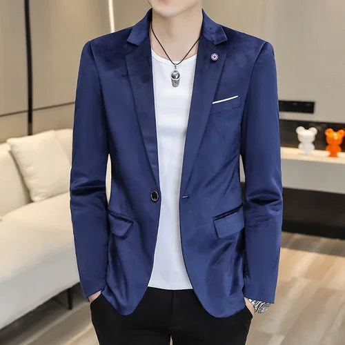 2026 Men's Red Slim Suit Jacket, Long Sleeve Single Button Dress Coat, Asian Size Teenagers Blazers Blue Green Black Male Tops