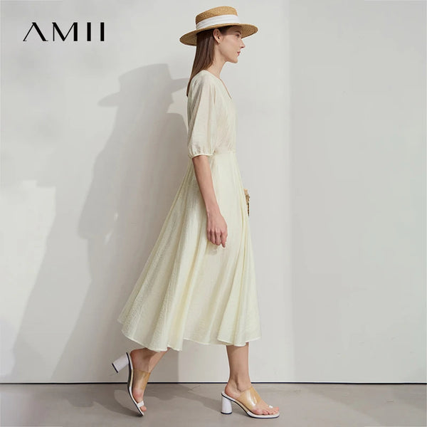 រ៉ូបការិយាល័យ AMII Minimalist សម្រាប់នារីរដូវក្តៅ ឆ្នាំ២០២៥ ដៃអាវរាងចង្កៀង V-neck រ៉ូបប៉ាក់រលុង ម៉ូដសម្រាប់នារី 12522090