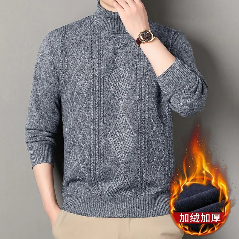 Three Dimensional Twist Weave Male Turtleneck Sweater Diamond Cable Allover Pattern Fleece Lined Rib Hem Pullover