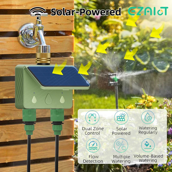 WiFi Smart 2 Outlets Solar Water Timer with Flow Meter Garden Watering Irrigation Smart Tuya Automatic Sprinkler Valve Outdoor