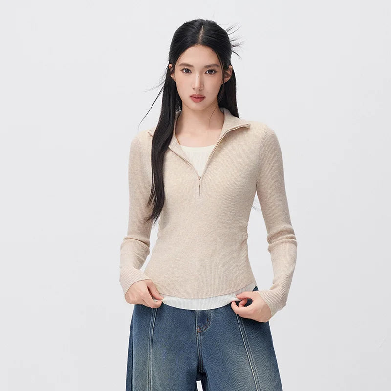 Semir Women Knit Sweater Wool Blend Layered Look Turn Down Collar Half Zip Pleated Detail Slim Fit 2026 New Winter Daily Wear