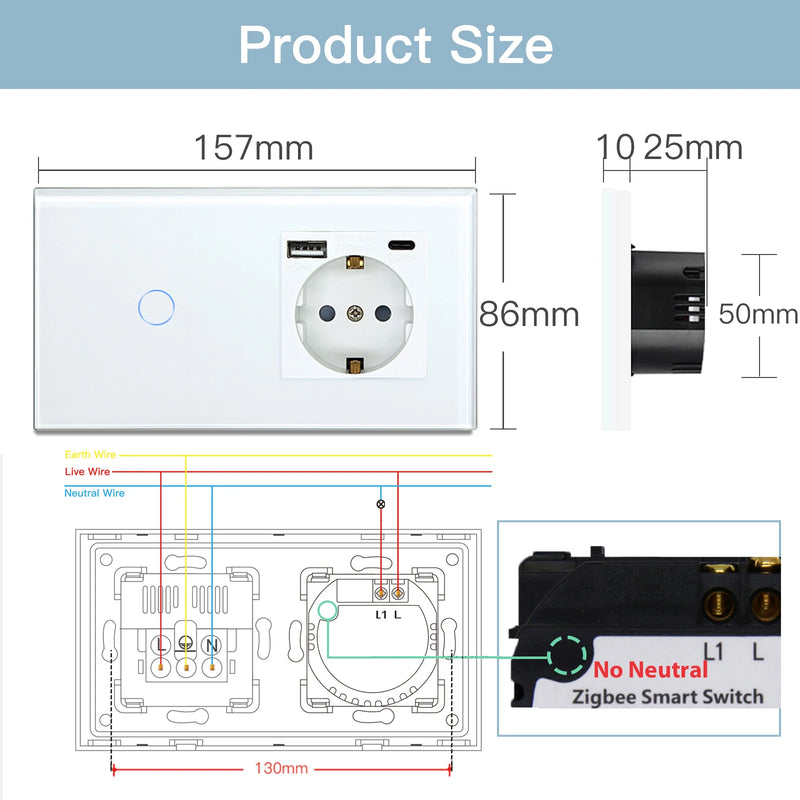 BSEED Tuya Zigbee Smart Switch 1/2/3Gang 1/2/3Way No Neutral Wall Touch Switch Smart Home Control EU Power Socket Without Wifi