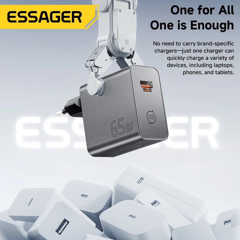 ឆ្នាំងសាក ESSAGER 65W GaN PD3.0 PPS QC4.0 ឆបគ្នាយ៉ាងពេញលេញសម្រាប់ iPhone 17 16 Samsung S26 MacBook Air Huawei Laptop PD Fast Charger