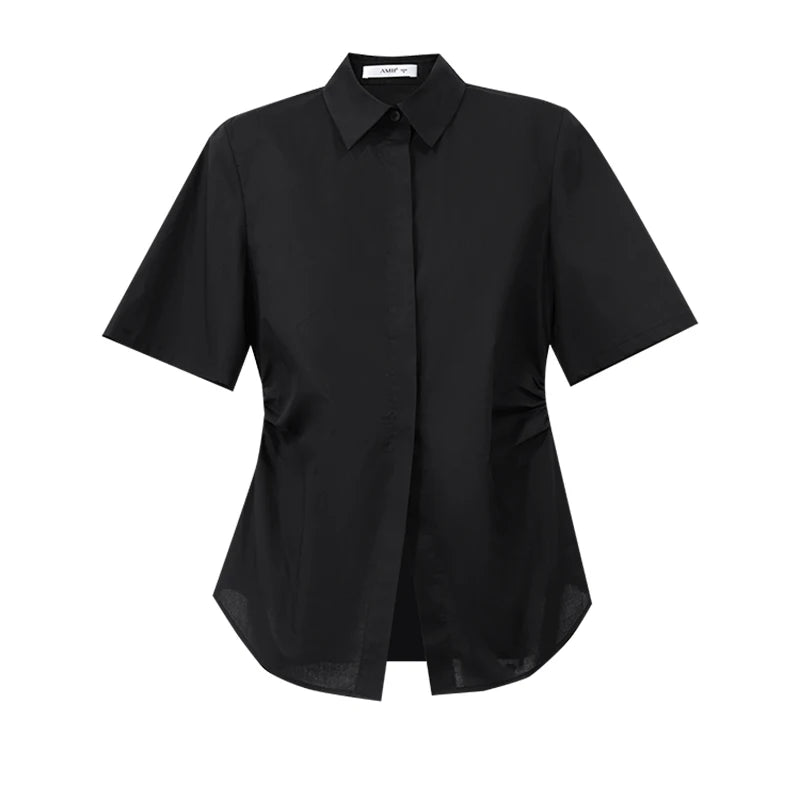 Amii Women's Shirt 2026 Summer New Lapel Collar Half Sleeve Cotton Blouse Fitted Waist Shirred Simple Solid Office Top 12622215