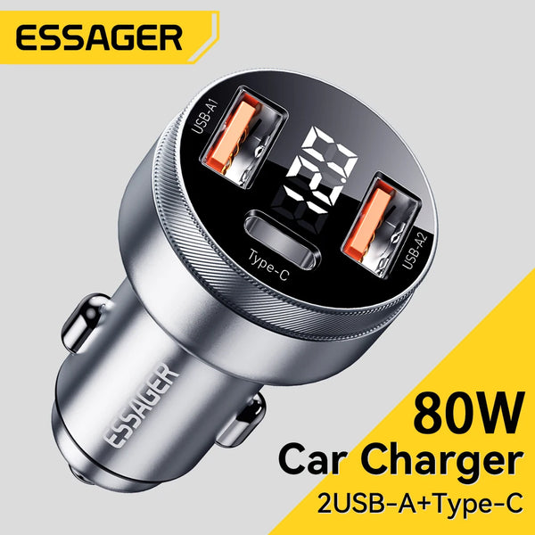 ឆ្នាំងសាករថយន្ត Essager 80W USB Type C PD សាកថ្មលឿនសម្រាប់ទូរស័ព្ទ iPhone 14 13 Huawei Xiaomi Samsung iPad កុំព្យូទ័រយួរដៃថេប្លេត