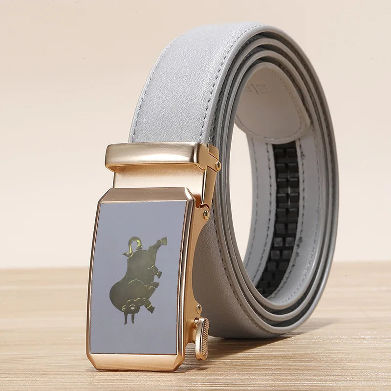 2026 New Width 3.0 Cm Gray Belt Women's Fashion Casual Automatic Buckle Belts Men Cow Head Pattern Cinturon Female Waistband