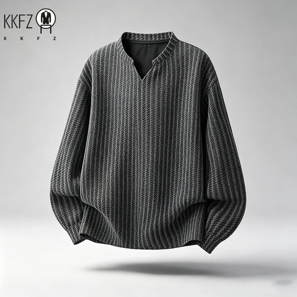 Men Casual Textured Knit Long Sleeve Tee V Notch Collar Vertical Stripe Oversized Fit Male Streetwear Top