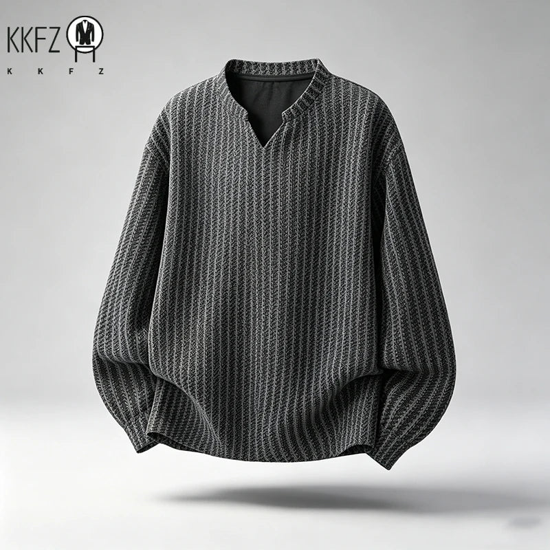 Men Casual Textured Knit Long Sleeve Tee V Notch Collar Vertical Stripe Oversized Fit Male Streetwear Top