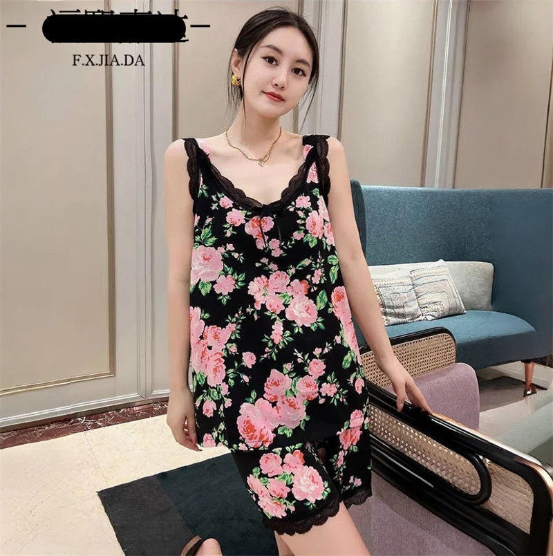 XL-6XL Sweet Thin Sleeveless Tops Shorts Set V Neck Sleepwear Women Plus Size Rayon Nightwear Pajamas Female Loungewear Suit
