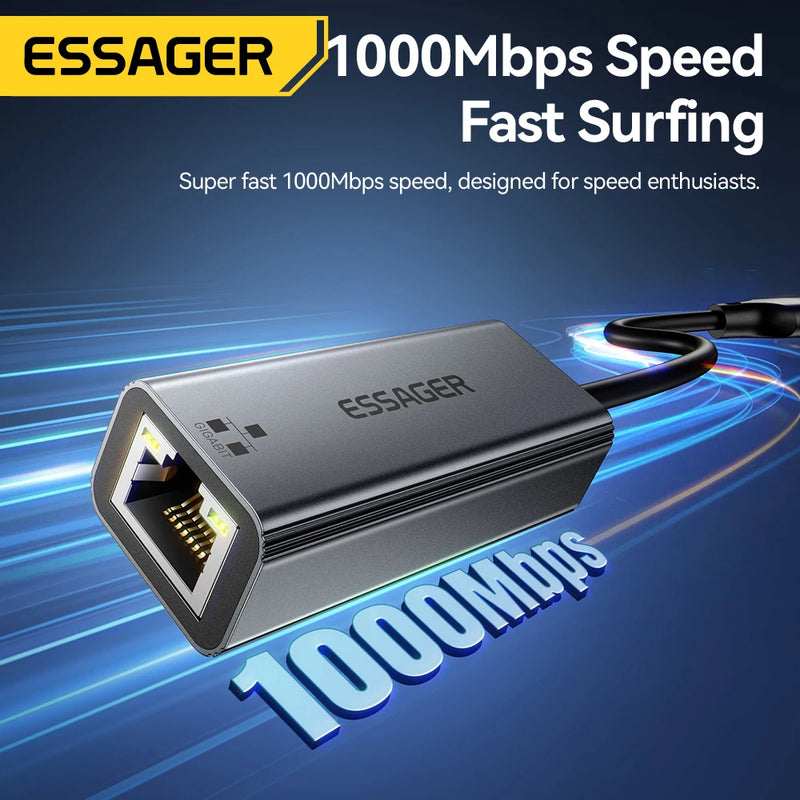 អាដាប់ទ័រអ៊ីសឺរណិត Essager 2-in-1 USB-A/Type-C ទៅ RJ45 កាតបណ្តាញ 1000Mbps Ethernet Gigabit អាដាប់ទ័រកាត Lan សម្រាប់កុំព្យូទ័រយួរដៃ MacBook