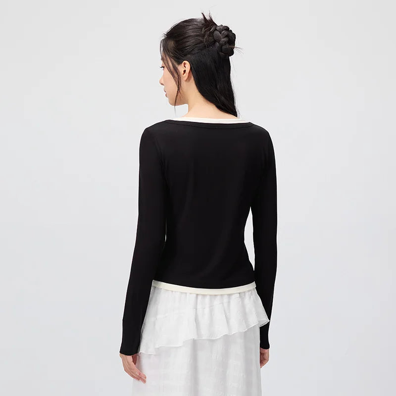 Semir Women Tshirt Long Sleeve Short Contrast U Neck Faux Two Piece Slim Tight Casual Autumn Top Daily Wear 2026