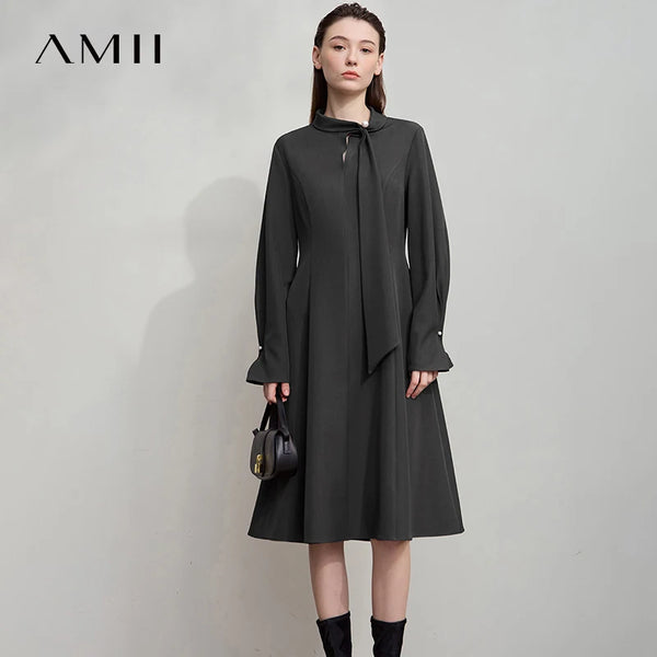 AMII Minimalist Women Evening Luxury Dress 2026  Autumn Collared Ribbon Mid Length A-Line Dress Office Lady Black Dress 12523082