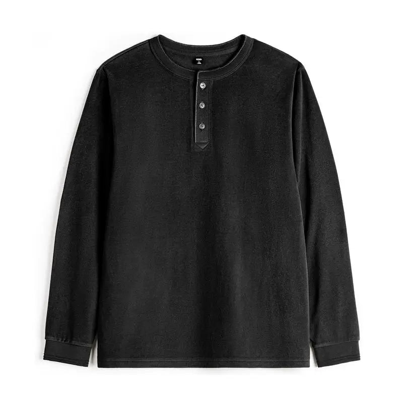 អាវបុរស Maden Henley ដៃវែង អាវក្រៅមានស្រទាប់ក្រណាត់ Fleece រាងស្លីម ស្រទាប់ពណ៌ធម្មតា អាវក្រៅធ្វើការ រដូវស្លឹកឈើជ្រុះ